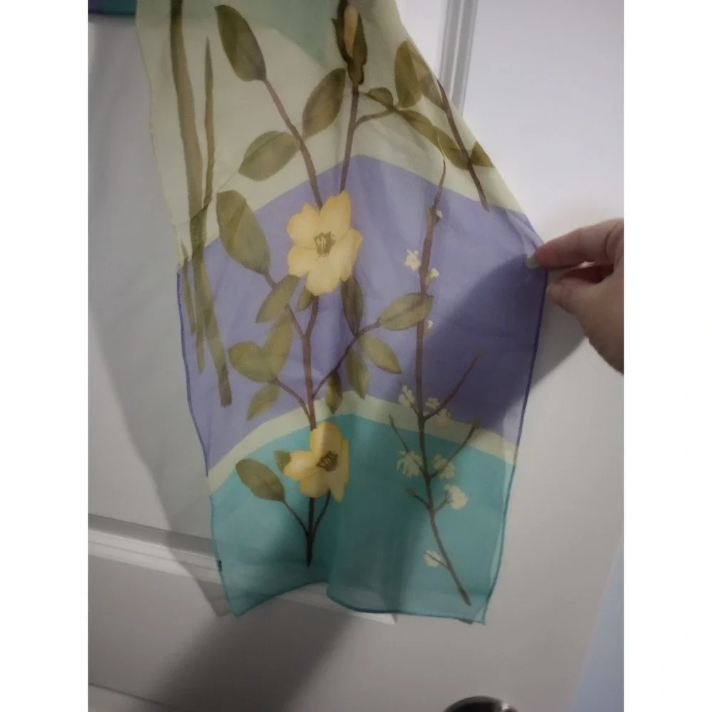 Vintage Echo Floral Sheer Oblong Scarf Teal Lavender Botanical Print Long‎ 11...